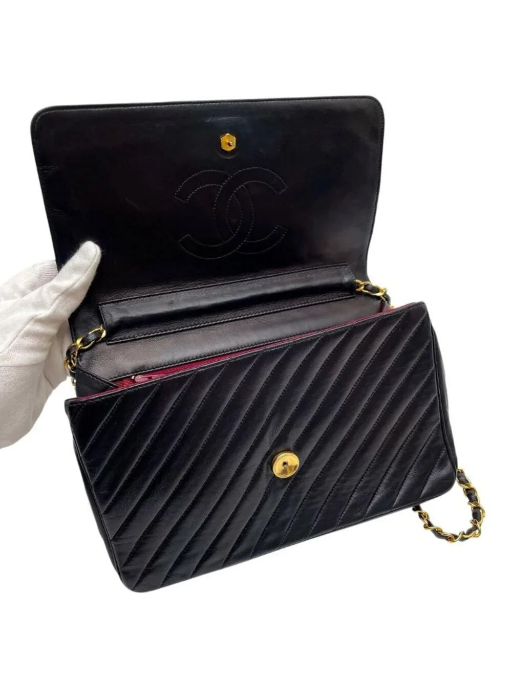 Chanel Lambskin Diagonal Stitch Chain Shoulder Bag CC Logo